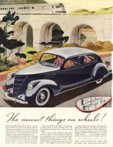 1936 Lincoln Zephyr posed with the Burlington Zephyr in the background