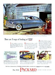 1950 Packard advertisement stressing low price and fuel economy.