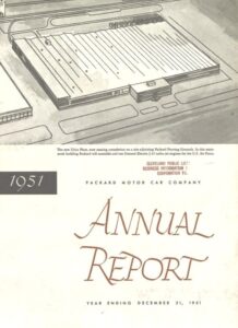 Packard Motor Car Company Annual Report for 1951 featuring new jet engine manufacturing plant on cover