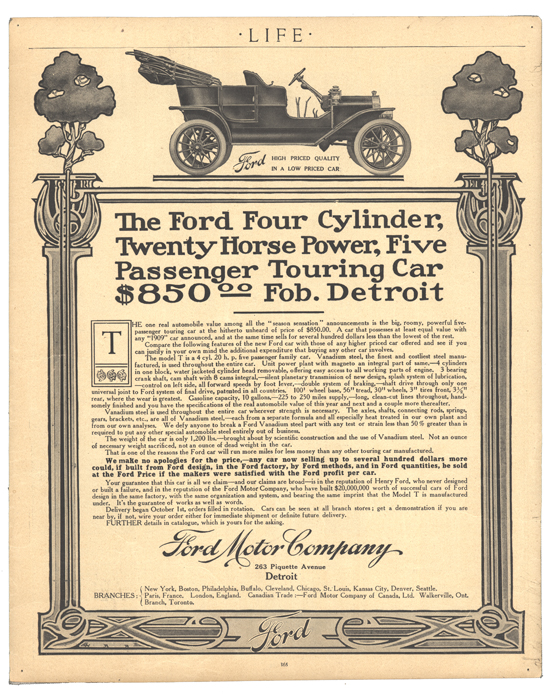 Life magazine advertisement for Model T Ford showing $850 price for four cylinders, 20 horsepower, carrying five passengers