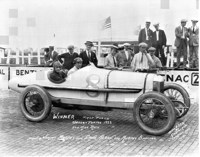 Jimmy Murphy and riding mechanic after winning the Indianapolis 500 in a Miller